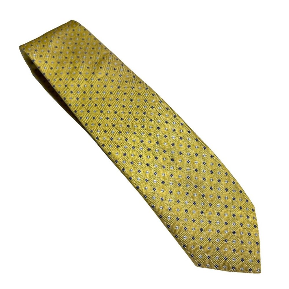 Firenze Men's Long Slim Silk Tie Yellow w/Allover Blue & White Square Design